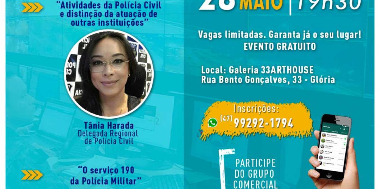 Delegada Tânia Harada e serviço 190 da PM, realizam palestra para os comerciantes nessa terça (28) no Glória